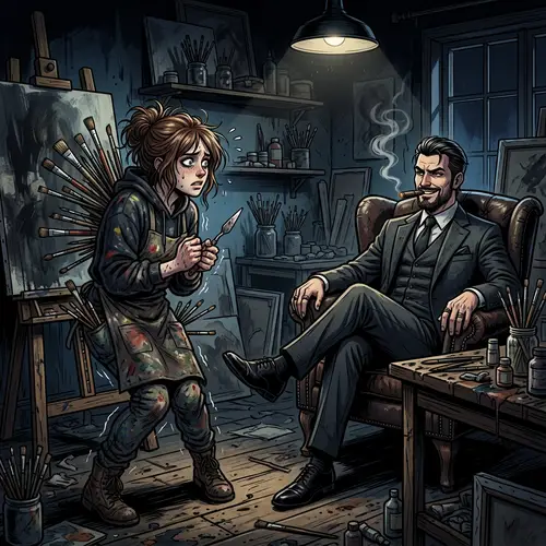 Dark Webtoon Scene: Artist and Villain Encounter