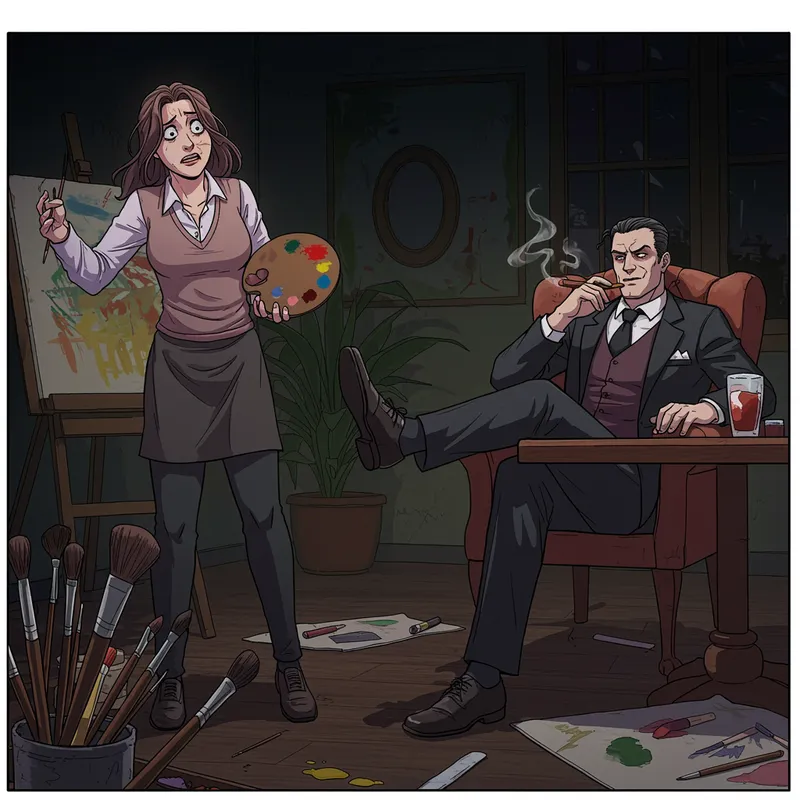 Dark Webtoon Scene: Artist and Villain Encounter