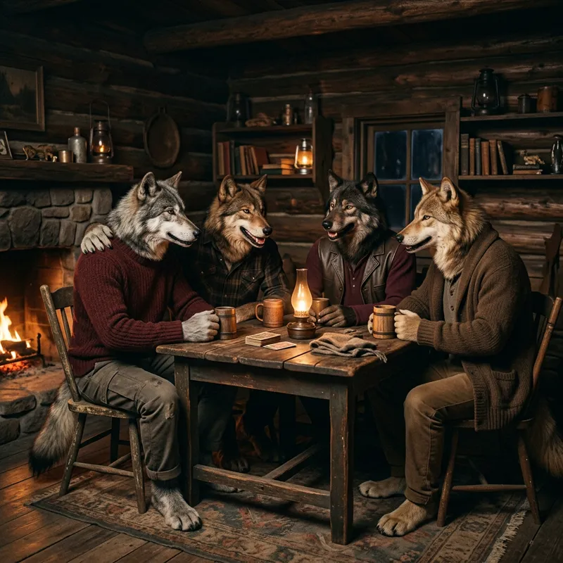 Camaraderie of Wolves in a Dimly Lit Room