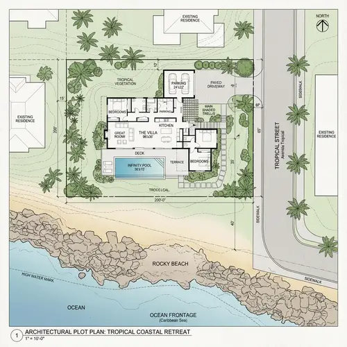 Architectural Plot Plan for 200x65 ft Lot with Rocky Beach View