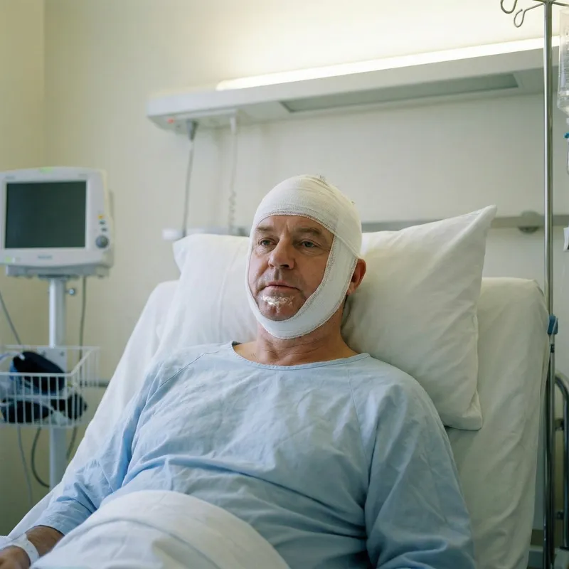 Injury Recovery: Man with Bandages in Hospital Bed