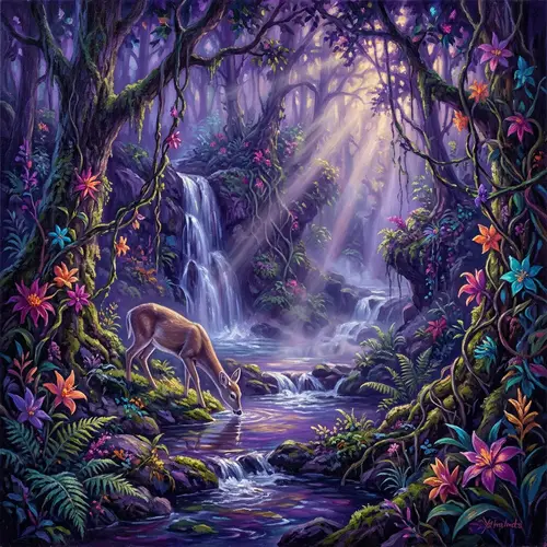 Enchanted Twilight Forest Painting - Shades of Purple & Waterfalls