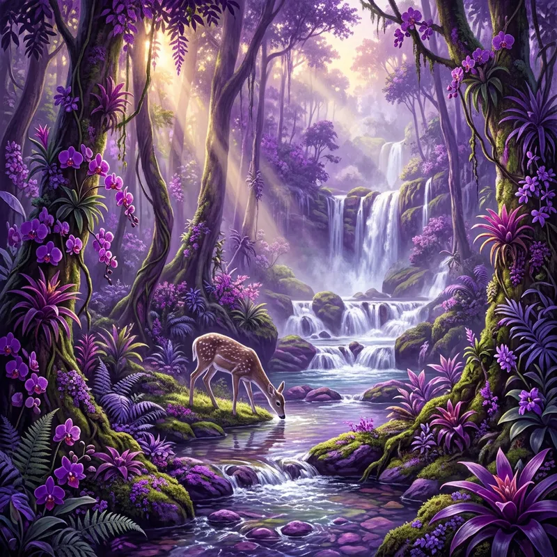 Enchanting Purple Forest Painting with Deer and Waterfalls