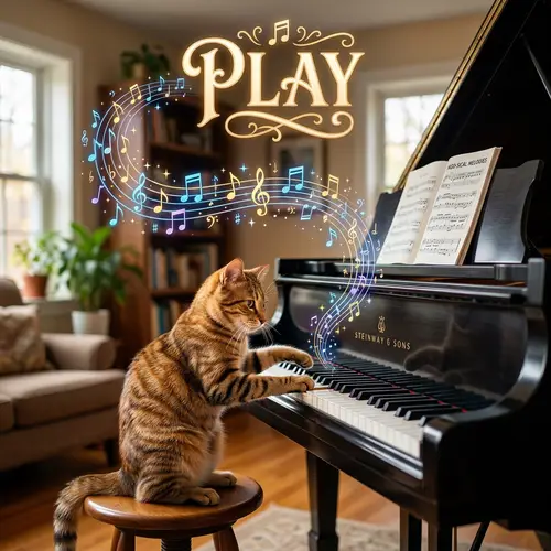 HD Cat Playing Piano with Music Notes