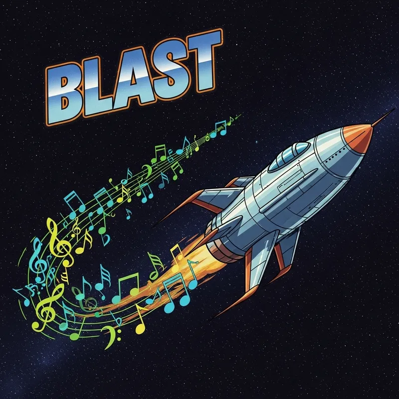 Drawn Spaceship Flying with Music Notes - Blast