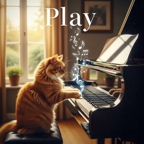 HD Cat Playing Piano with Music Notes