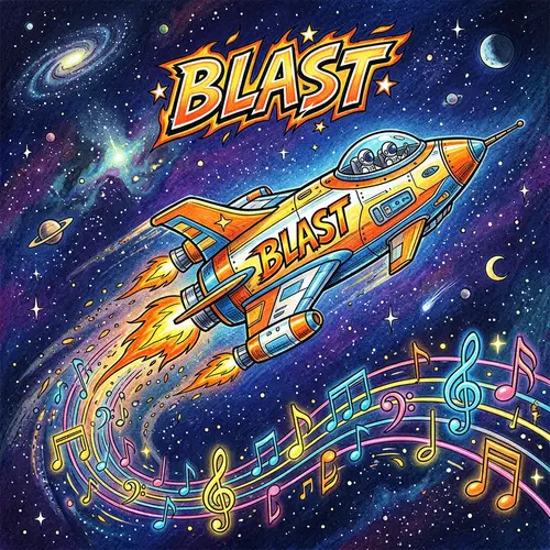 Drawn Spaceship Flying with Music Notes - Blast
