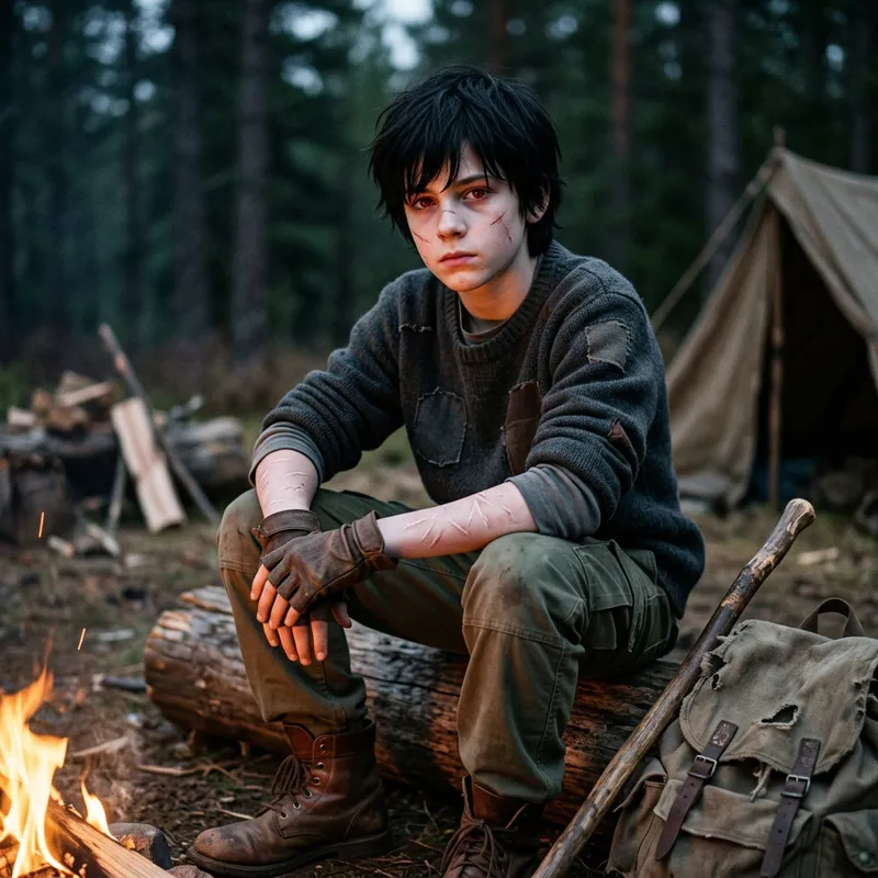 Pale Boy with Dark Red Eyes, Shaggy Black Hair, and Scarred Skin