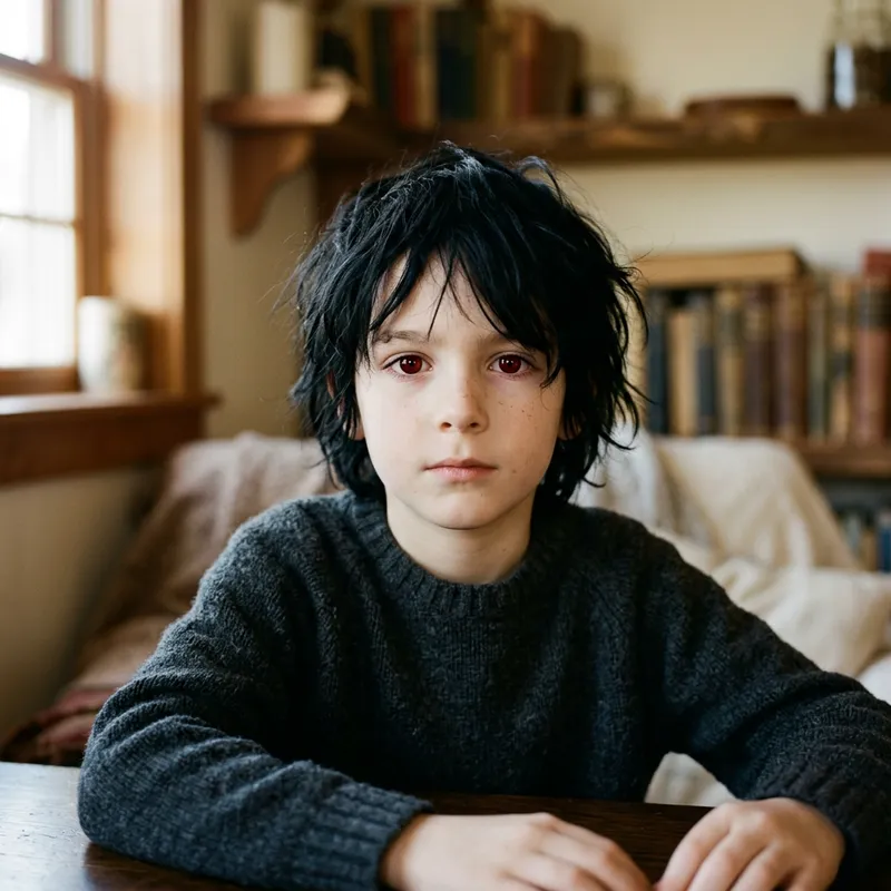 Enigmatic Pale Boy with Piercing Dark Red Eyes
