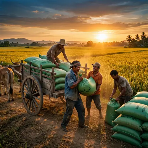 Rural Farmers Loading Green Sacks at Sunset