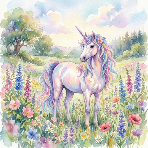 Vibrant Magic Unicorn Surrounded by Beautiful Flowers