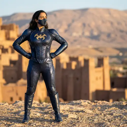Confident Middle Eastern Superhero Woman in Blue Costume