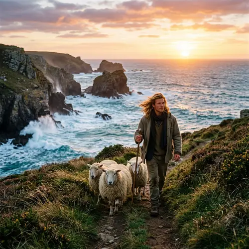 Golden-Haired Shepherd Herding Three Sheep by Turquoise Waves