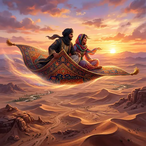 Stunning Flying Carpet Art Over Desert Sunset