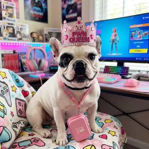 Adorable French Bulldog in Pink Gaming Crown