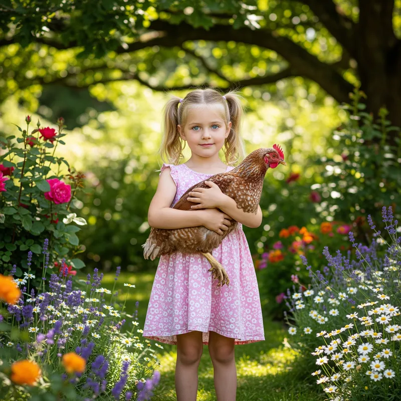 Sweet Girl in Pink Dress with Chicken in Garden