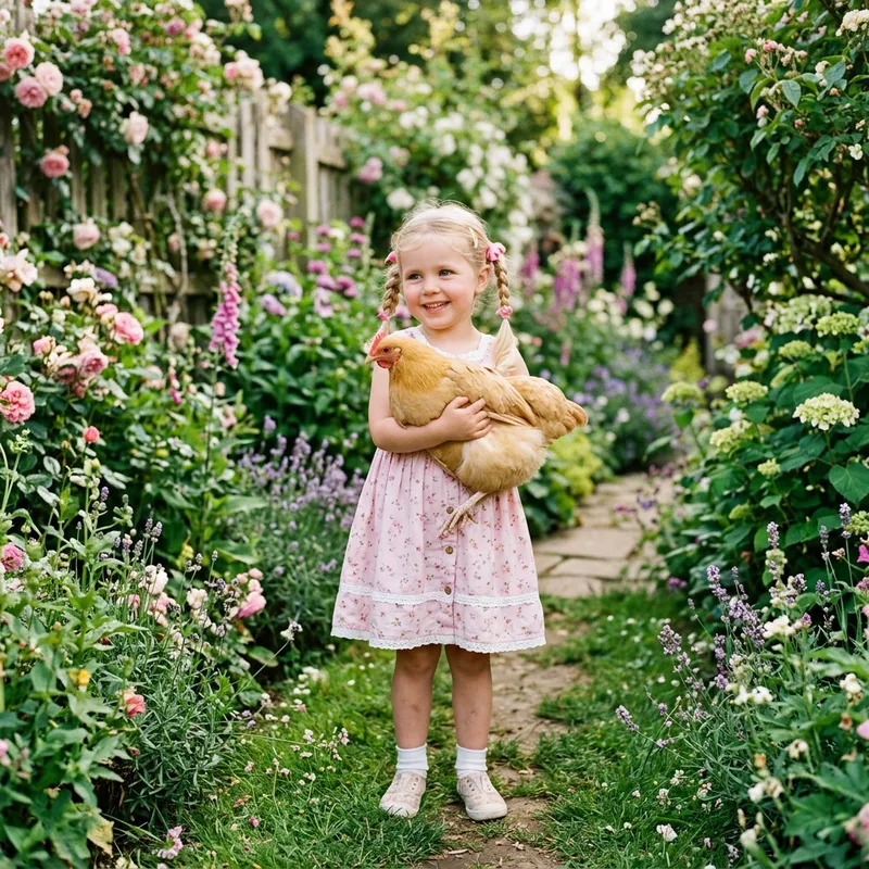 Sweet Girl in Pink Dress with Chicken in Garden