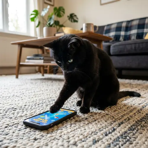 Black Cat Playing with Smartphone