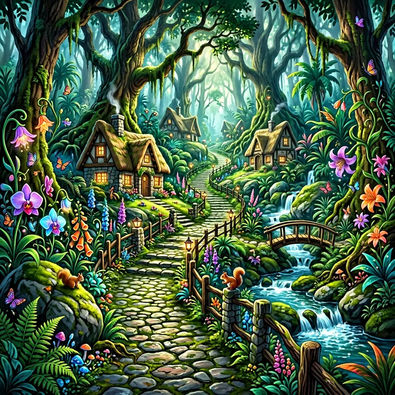Enchanted Jungle Path with Quaint Cottages in Disneyesque Setting