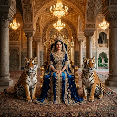 Middle-Eastern Princess with Royal Tigers in Regal Hall
