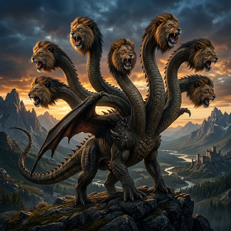 Realistic Dragon with Seven Lion-Headed Necks
