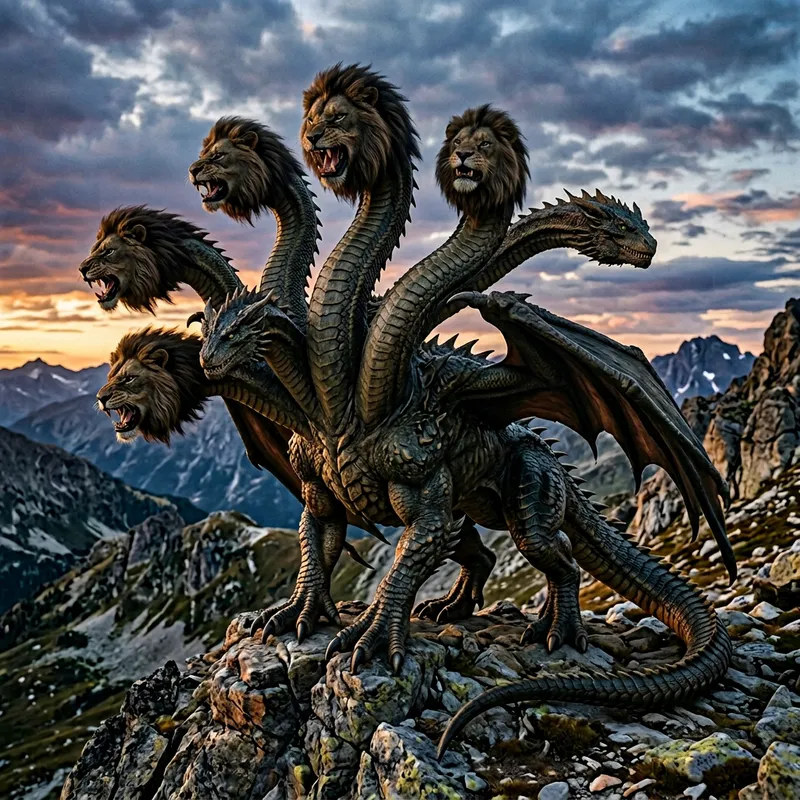 Realistic Dragon with Seven Lion Heads and Long Dinosaur-Like Neck