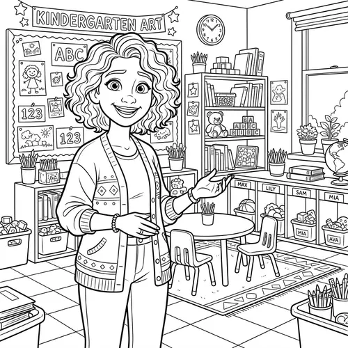 Pixar Style Kindergarten Teacher Coloring Page