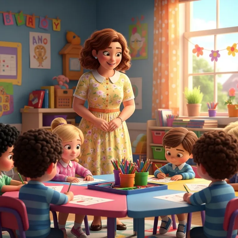 Pixar Style Kindergarten Teacher Coloring Page