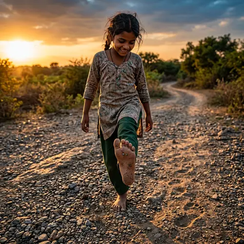 Enthusiastic South Asian Girl Walking Barefoot on Gravel