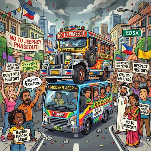 No to Jeepney Phaseout: Cartoonish Image with Diverse Group