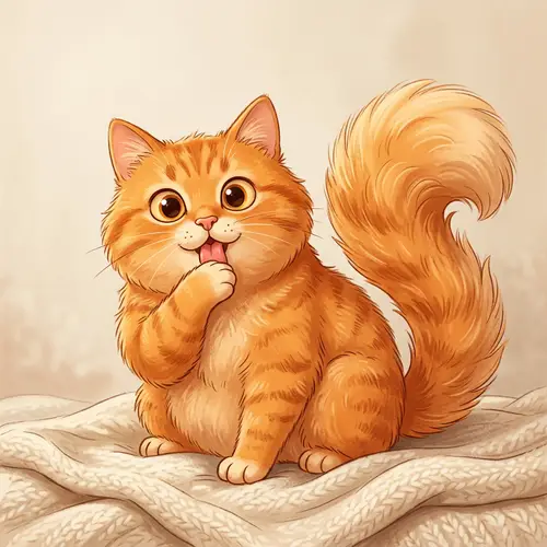Adorable Cartoon Cat Licking Paw | Vibrant Orange Feline