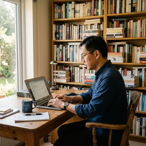 Asian Man Writing Email at Wooden Desk | Productive Workspace