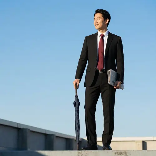 Modern East Asian Man in Tailored Black Suit | Confident Pose