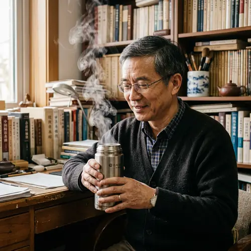 Scholarly Chinese Man Holding a Thermos Cup | Website Name