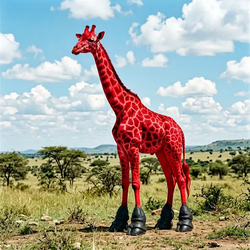 Vibrant Red Giraffe with Large Hooves