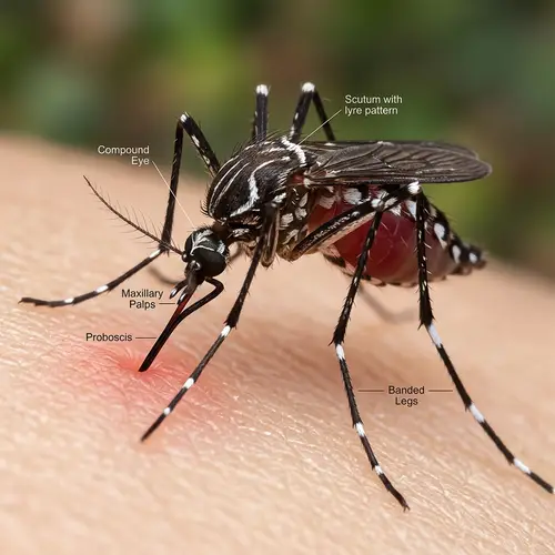 Aedes Aegypti Mosquito Biting - Close-up Illustration