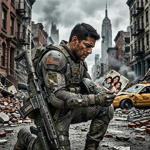 Hispanic Soldier with Powerful Laser Weapon in War-Ravaged City