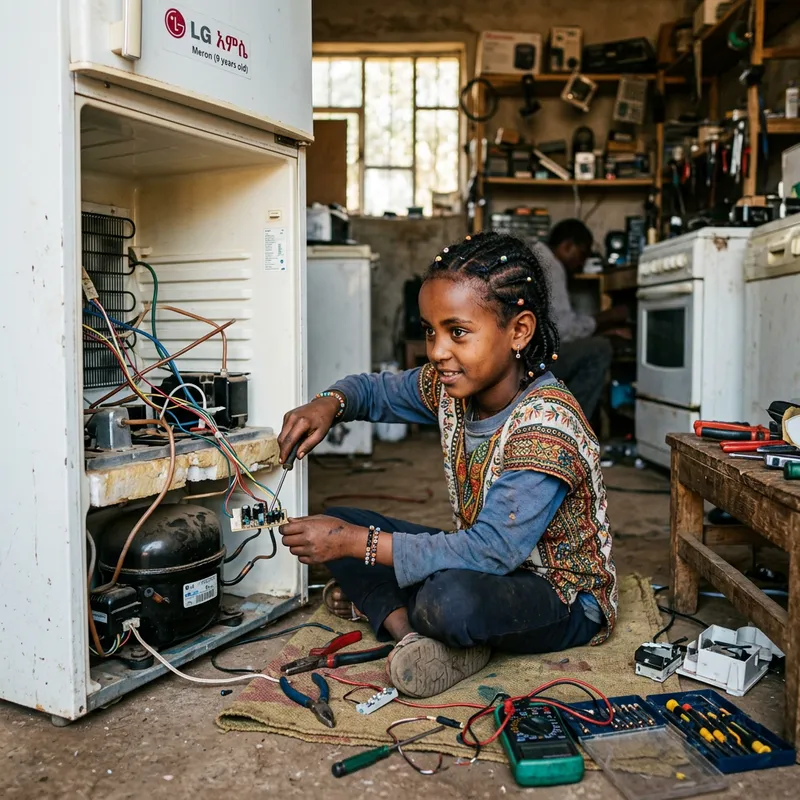 Heartwarming Image of Determined Ethiopian Girl Fixing Refrigerator