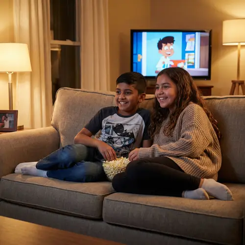 Friendly Evening Watching Favorite Show with South Asian Boy and Hispanic Girl