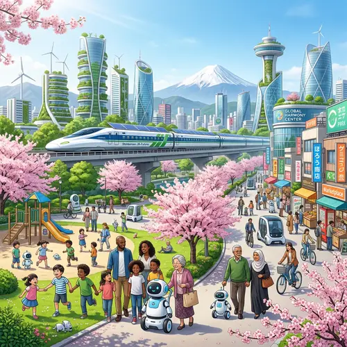 Bright Future of Japan: Advanced Technology, Green Landscapes, and Harmony