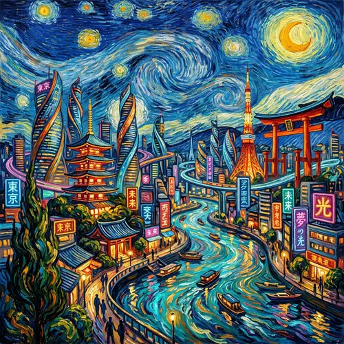 Stylish Future Tokyo with Van Gogh-Inspired Impressionism