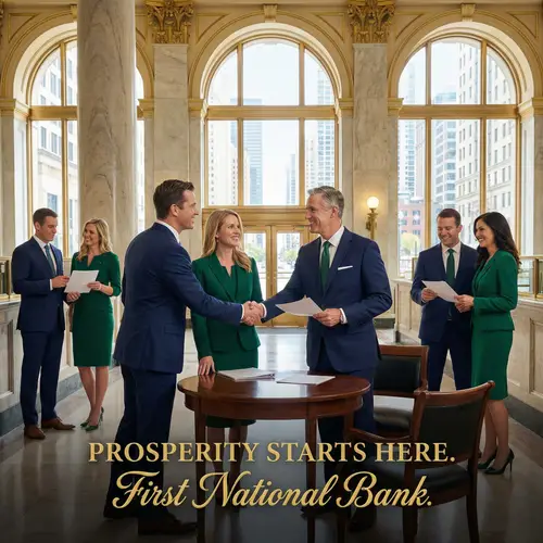 Stylish American Bank Advertisement with Elegantly Dressed Caucasians