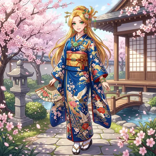 Anime Caucasian Woman in Kimono with Golden Hair & Green Eyes