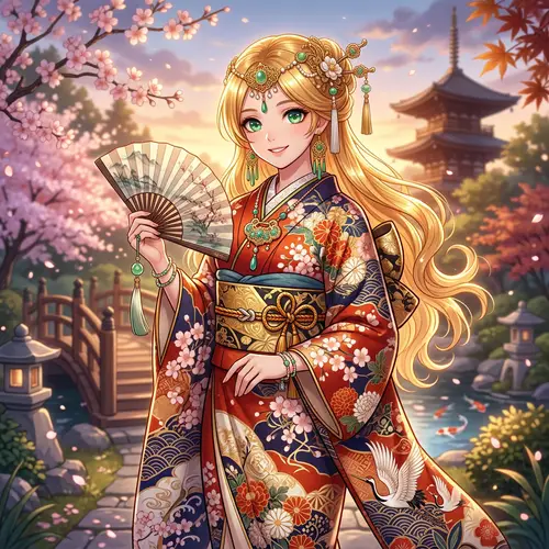 Anime Girl in Kimono & Chinese Jewelry | Golden Hair, Green Eyes