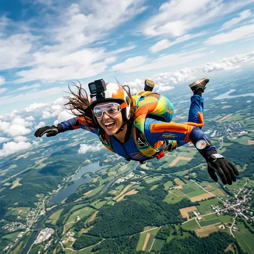 Female Hispanic Skydiver Soaring Through Vibrant Skies