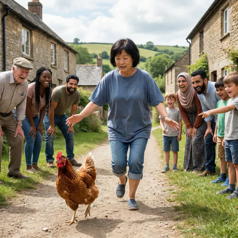 Captivating Image of Diverse Village Scene: Asian Woman Chasing Chicken