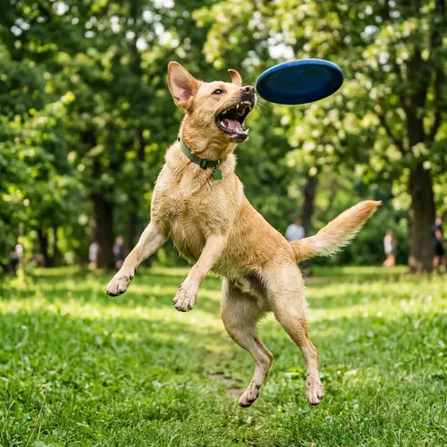 Playful Labrador Retriever Catching Frisbee in Green Park