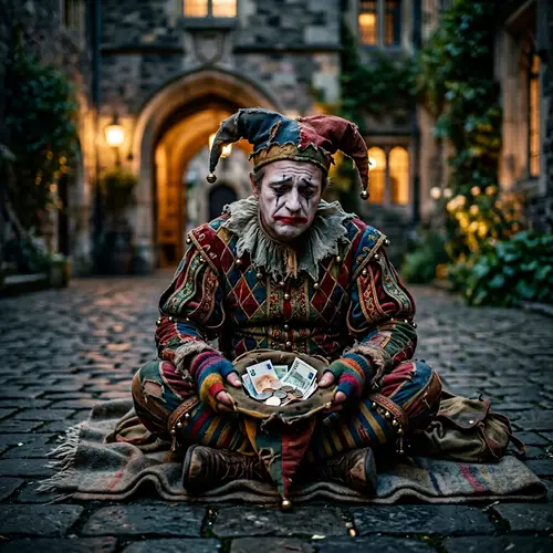 Melancholic Joker Sitting with Money Hat | Colorful Costume