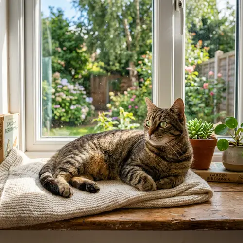 Comfortable Domestic Cat Lounging in Sunny Window