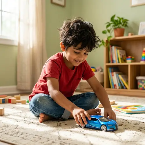 Young South Asian Boy Playing with Blue Toy Car in Cozy Room